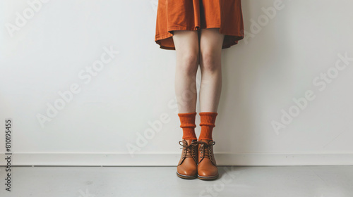 Legs of young woman in socks and shoes on white background