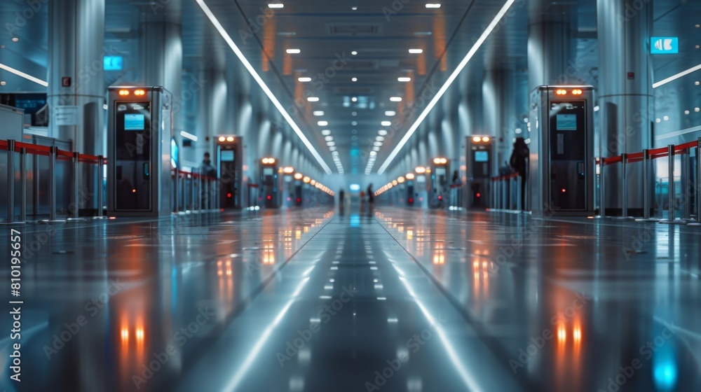 Showcase the seamless integration of technology in airport security, illustrating the precision of metal detectors and scanners in detecting prohibited Showcase the seamless integration of technology in airport security, illustrating the precision of metal detectors and scanners in detecting prohibited
