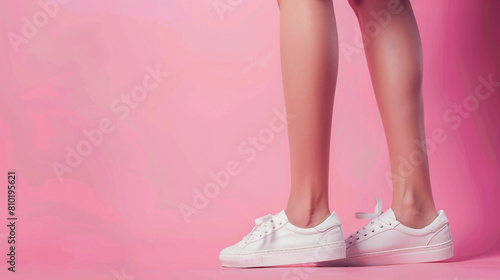 Legs of young woman in stylish white sneakers on pink