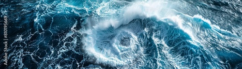 The photo shows a whirlpool in the ocean. The water is a deep blue color and the whirlpool is a lighter blue color. The whirlpool is surrounded by waves. photo
