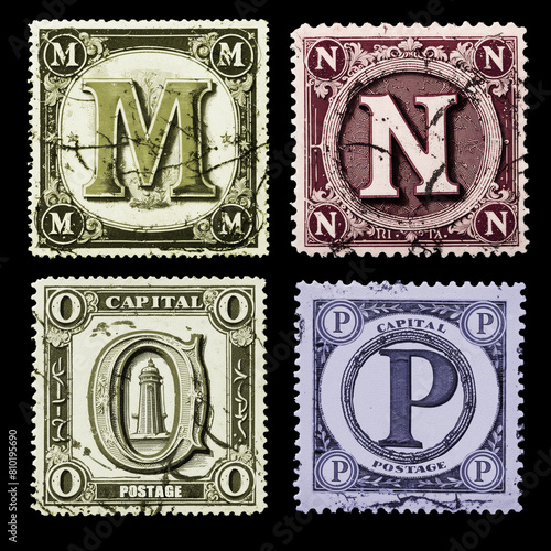 Vintage postal stamp alphabet with capital letters and digits - letter M-P