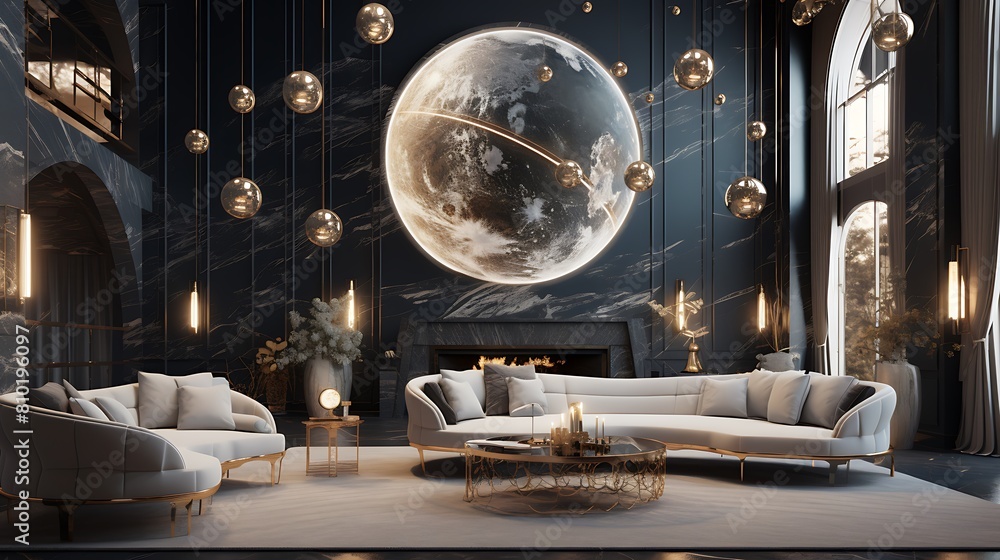 Design a celestial sanctuary living room with cosmic motifs and a sense of peace Design a celestial sanctuary living room with cosmic motifs and a sense of peace