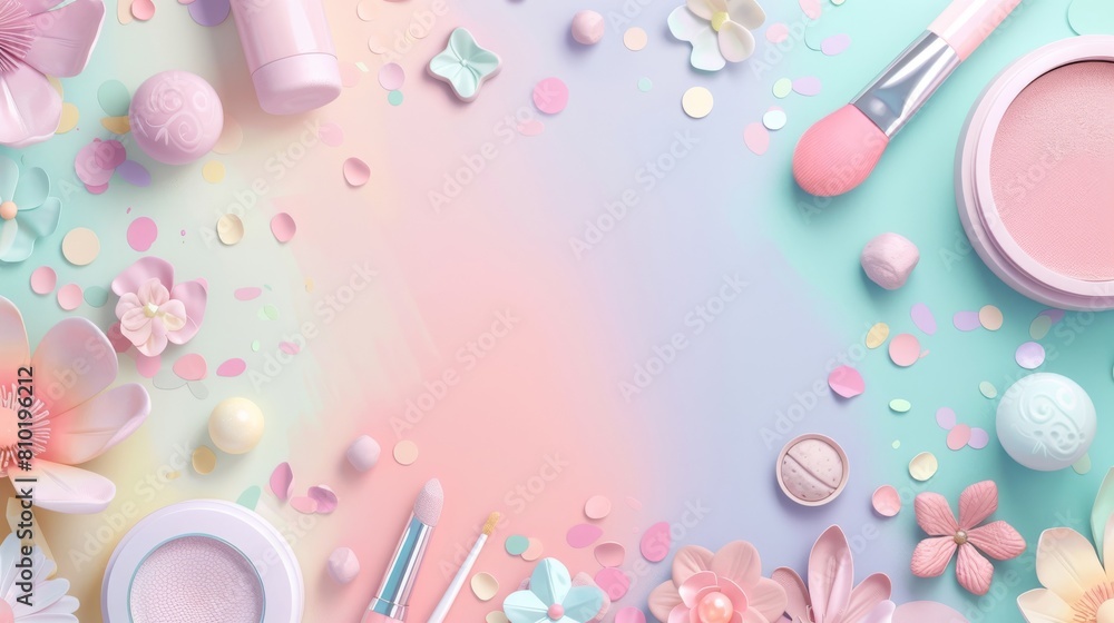 A colorful background with a variety of makeup items, including a brush