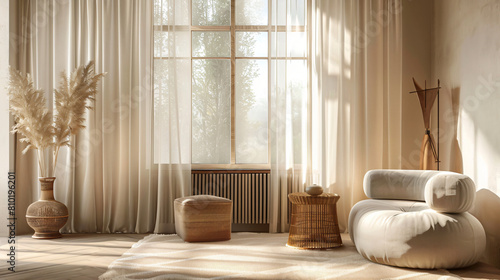 Light curtains with stylish furniture in interior