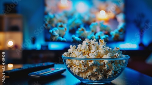 A cozy evening scene with a glass bowl of popcorn and a remote control, with the TV softly glowing in the background