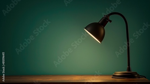 A minimalist office desk lamp casting a warm glow, highlighting the ample copy space in the background © Chingiz