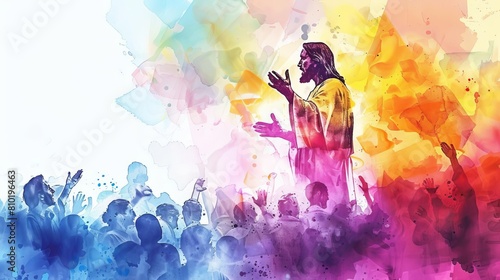 jesus preaching to diverse crowd abstract colorful background digital watercolor photo
