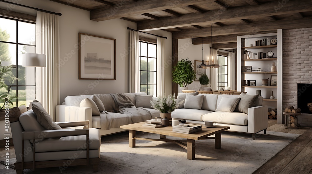 Design a contemporary farmhouse living room with distressed wood beams and cozy textiles