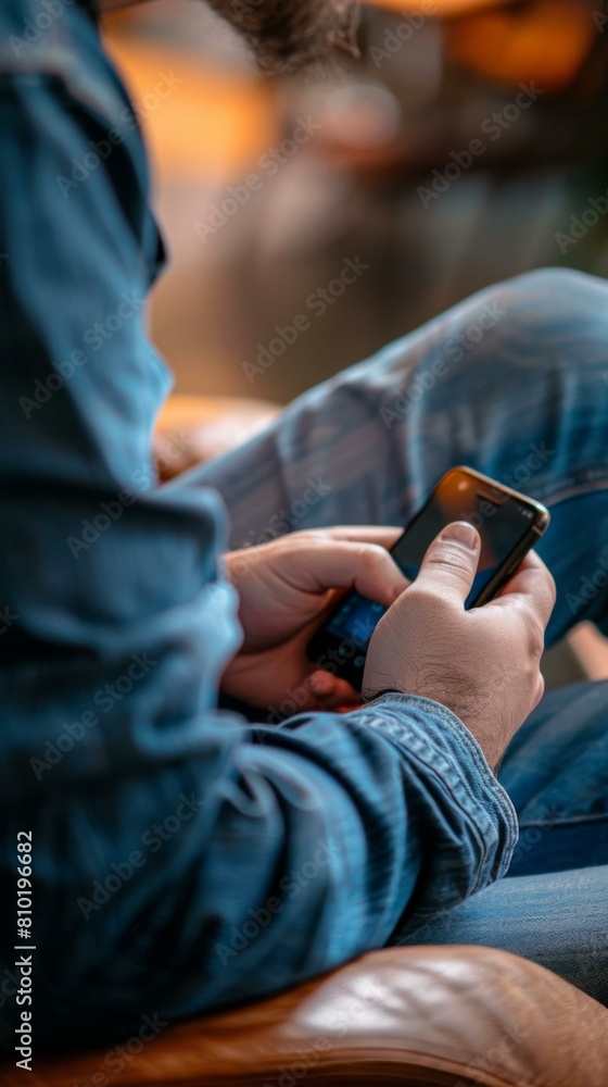 A man sitting in a chair with his hands on the phone. Generative AI. A man sitting in a chair with his hands on the phone. Generative AI.