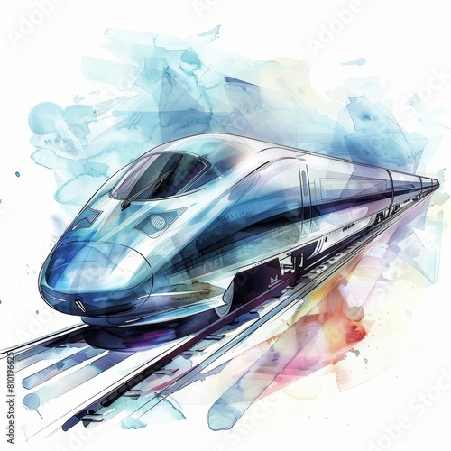 A futuristic watercolor of a highspeed train, showcasing advancements in transportation technology, isolated minimal with white background