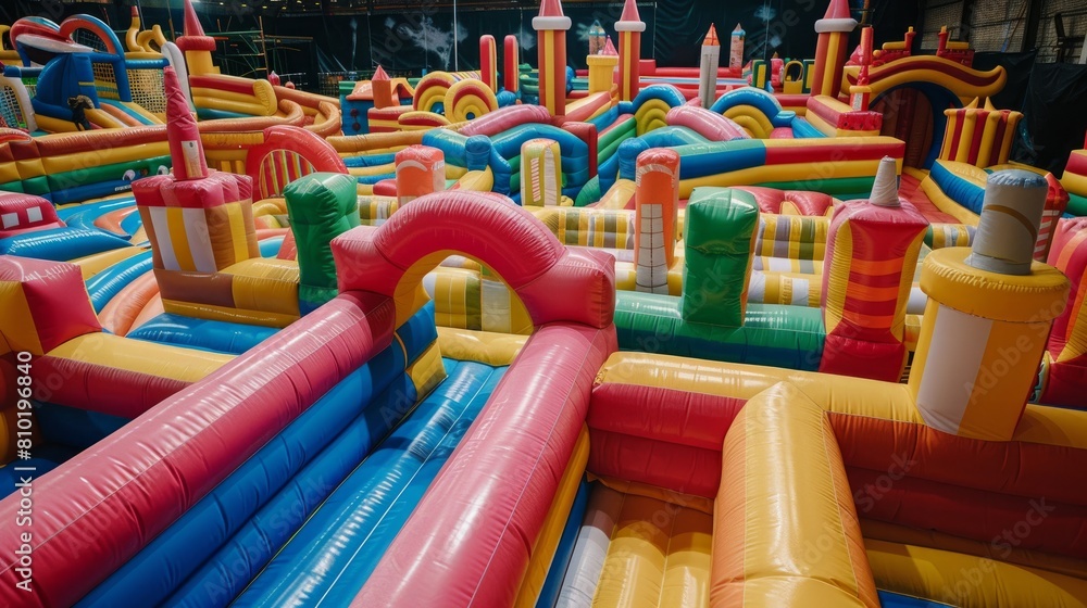 A vibrant and large inflatable castle labyrinth, perfect for children's outdoor play and exploration