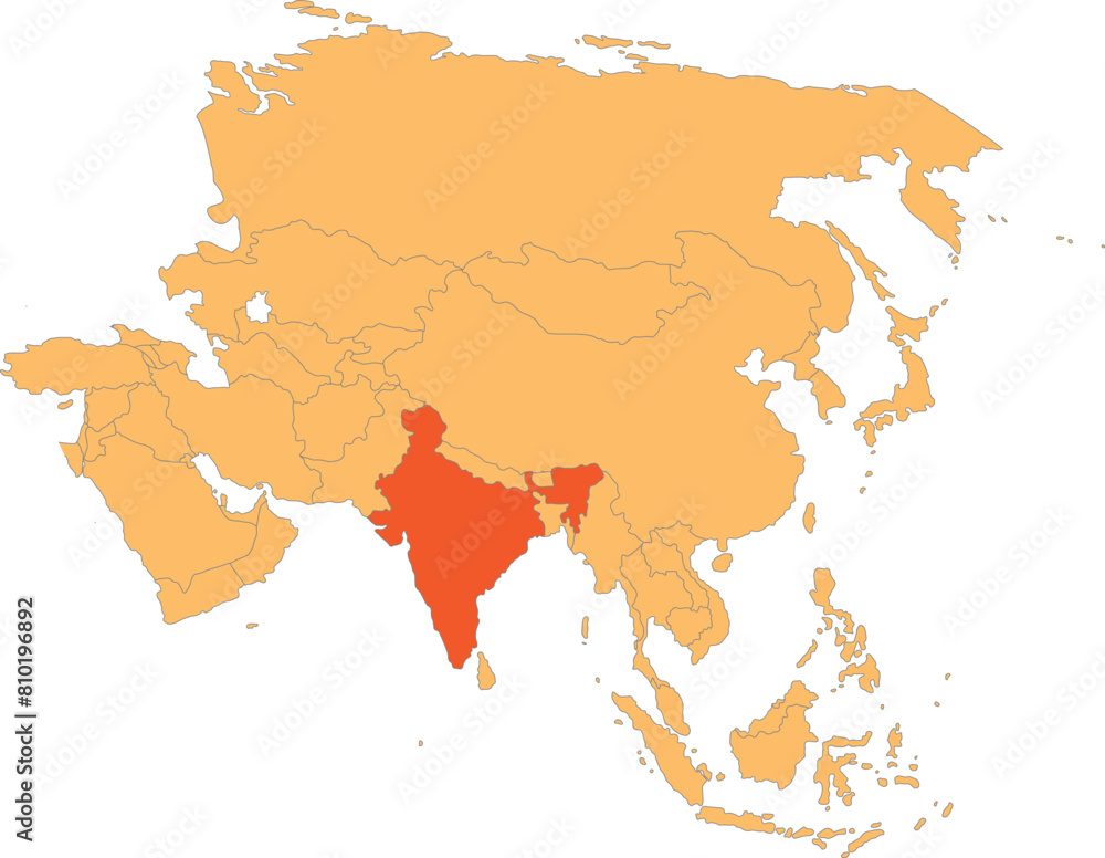 Highlighted red map of INDIA inside orange detailed political map of Asia using orthographic projection on transparent background Highlighted red map of INDIA inside orange detailed political map of Asia using orthographic projection on transparent background