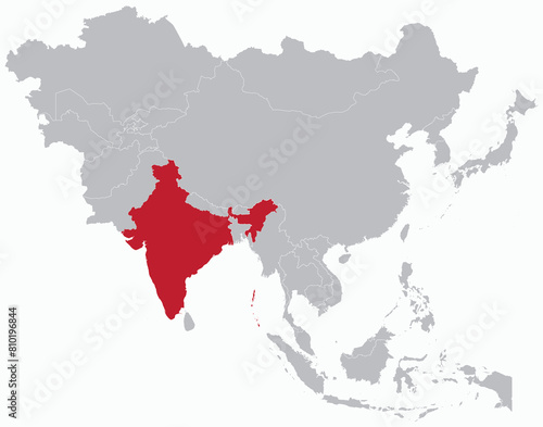 Highlighted red map of INDIA inside grey detailed blank political map of Asia on light blue background, without the Middle East and Russia