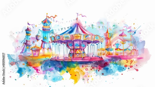 A kawaii watercolor of a colorful carnival, depicting the joy and excitement of festive occasions, isolated white background