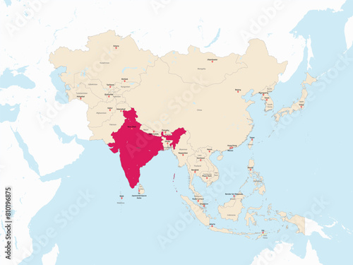 Highlighted red map of INDIA inside light red detailed political map of Asia using orthographic projection on white and blue background