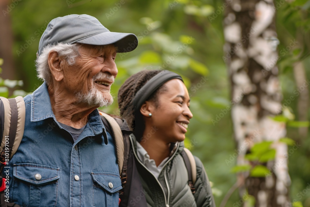 Smiling Caregiver and Senior Enjoying Nature Walk Smiling Caregiver and Senior Enjoying Nature Walk