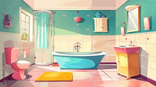 A colorful and inviting cartoon depiction of bathroom furniture  designed for a kid-friendly bath room interior including a toilet  bathtub  and baby shower