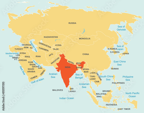 Highlighted red map of INDIA inside orange detailed tagged map of Asia using orthographic projection on blue background