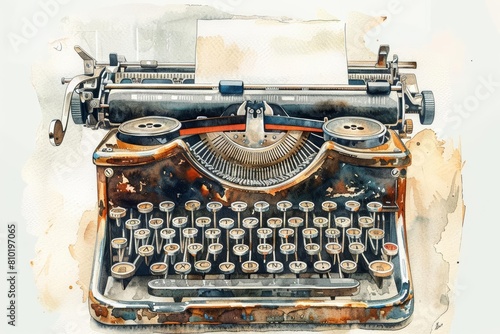 A lovely watercolor of a vintage typewriter, invoking nostalgia for classic literature, isolated white background