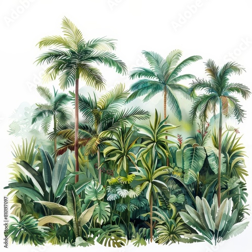 A painting watercolor of a lush rainforest  highlighting the rich biodiversity of the tropics  isolated minimal with white background