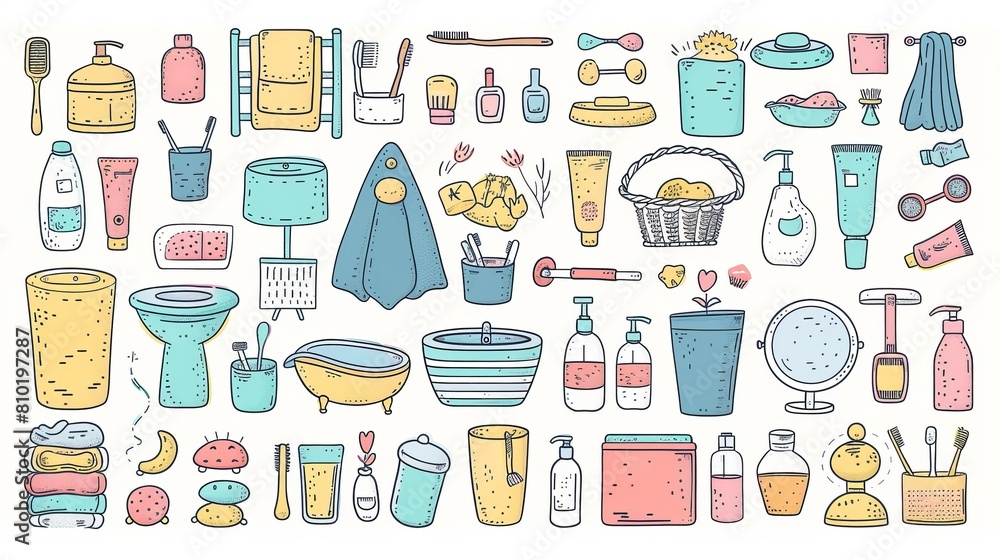 A playful collection of cute doodle-style cartoon icons and objects representing various bathroom accessories A playful collection of cute doodle-style cartoon icons and objects representing various bathroom accessories