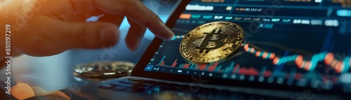 A realistic closeup stock photo captures a person analyzing Bitcoin trends on a digital tablet, ideal for financial and technology advertising