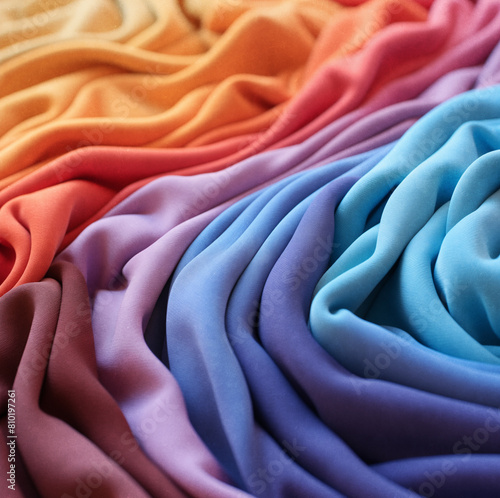 Pila de camisetas dobladas de colores.Primer plano de una prenda de moda con los colores del arco iris. Fondo de diferentes prendas de colores, muestrario de telas abstracto. photo
