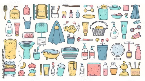A playful collection of cute doodle-style cartoon icons and objects representing various bathroom accessories