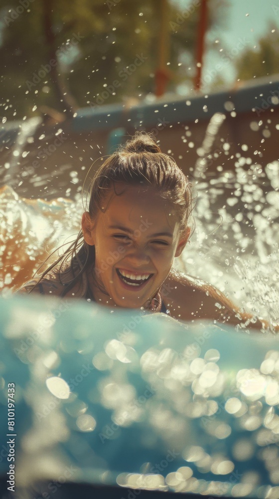 A young girl smiling while riding a water slide in the pool. Generative AI.