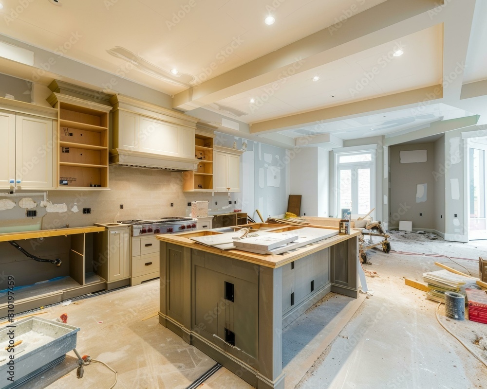 A kitchen with a center island and cabinets under construction. Generative AI. A kitchen with a center island and cabinets under construction. Generative AI.