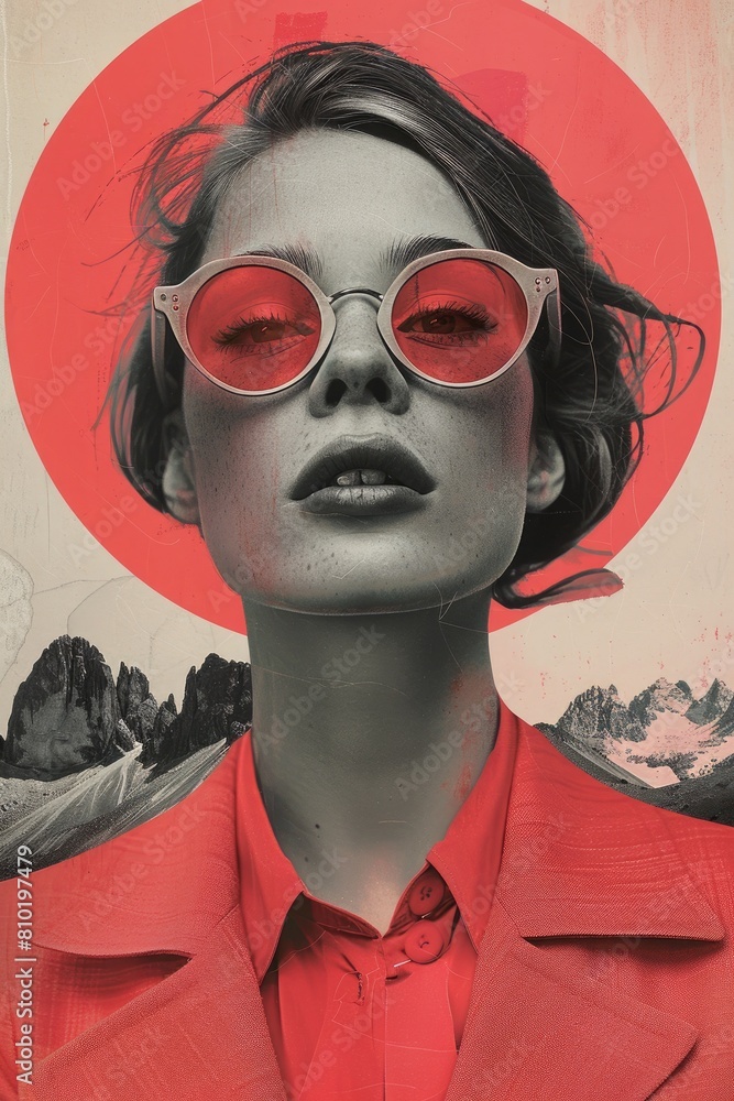 vertical illustration of the woman's face with mountains in the background, flower. minimalist collage vertical illustration of the woman's face with mountains in the background, flower. minimalist collage
