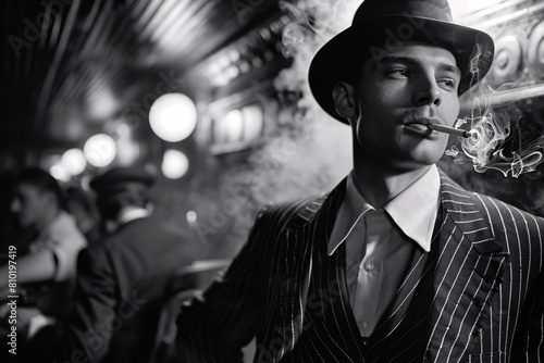 From the Roaring Twenties, a dapper man in a pinstripe suit and fedora, smoking a cigarette in a jazz-filled speakeasy, surrounded by flappers and gangsters © Maelgoa