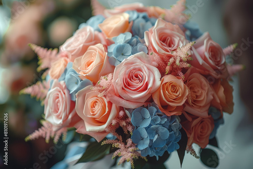 The subtle  understated colors of dusty rose and baby blue  adding a touch of elegance to any occasion. Concept of vintage weddings. Generative Ai.