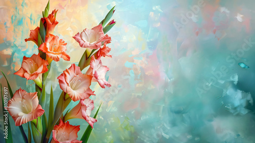 Magnificent gladiolus flowers on color background
