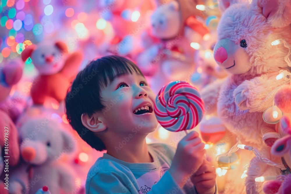 Close-up view of a boy with twinkling eyes, savoring a large lollipop, amidst a sea of stuffed animals, under the soft glow of fairy lights, exuding sheer delight and wonder
