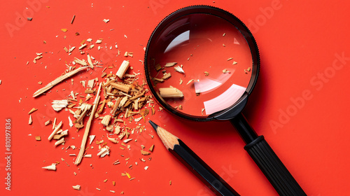 Magnifier with pencil sharpener and shavings on red background photo