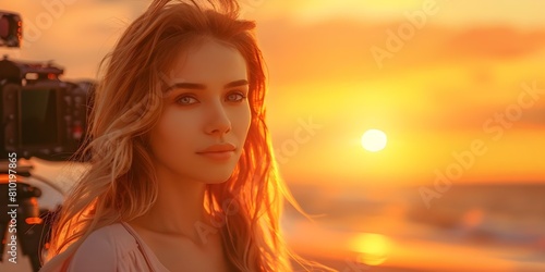 Capturing an actress with professional equipment at a luxury hotel during sunset. Concept Actress Photoshoot, Professional Equipment, Luxury Hotel Setting, Sunset Background