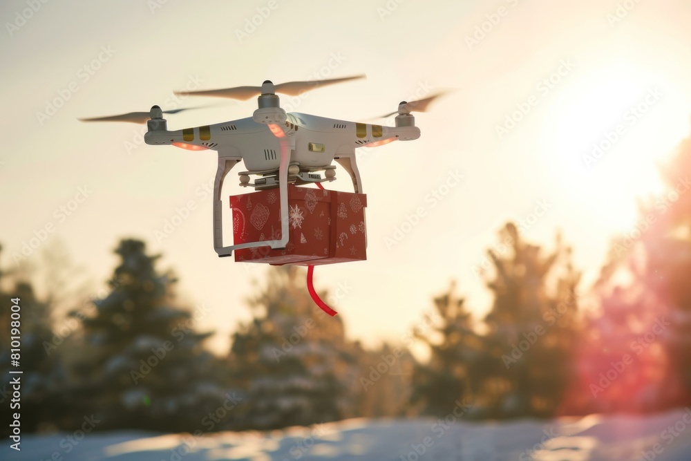 A drone flying over a snowy field with red packages attached to it. AI. A drone flying over a snowy field with red packages attached to it. AI.