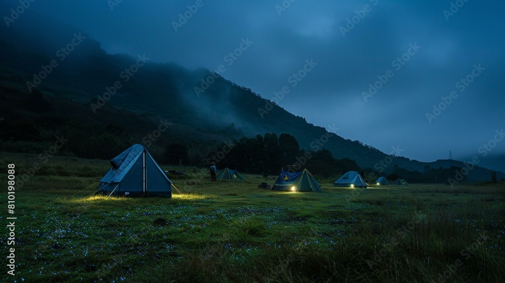 A group of tents lit up in the dark on a hillside. AI.