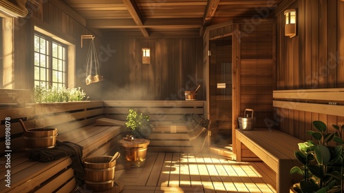 Classic Finnish sauna interior featuring wooden benches and walls enveloped in hot steam