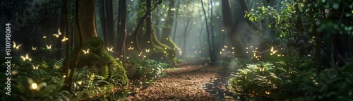 An ancient forest path, illuminated by fiberoptic fireflies, leads to a hidden glade with a digital nature reserve