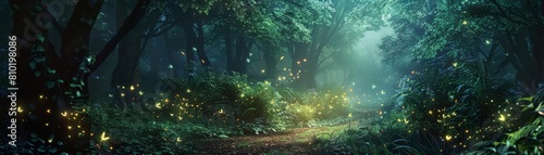 An ancient forest path, illuminated by fiberoptic fireflies, leads to a hidden glade with a digital nature reserve photo