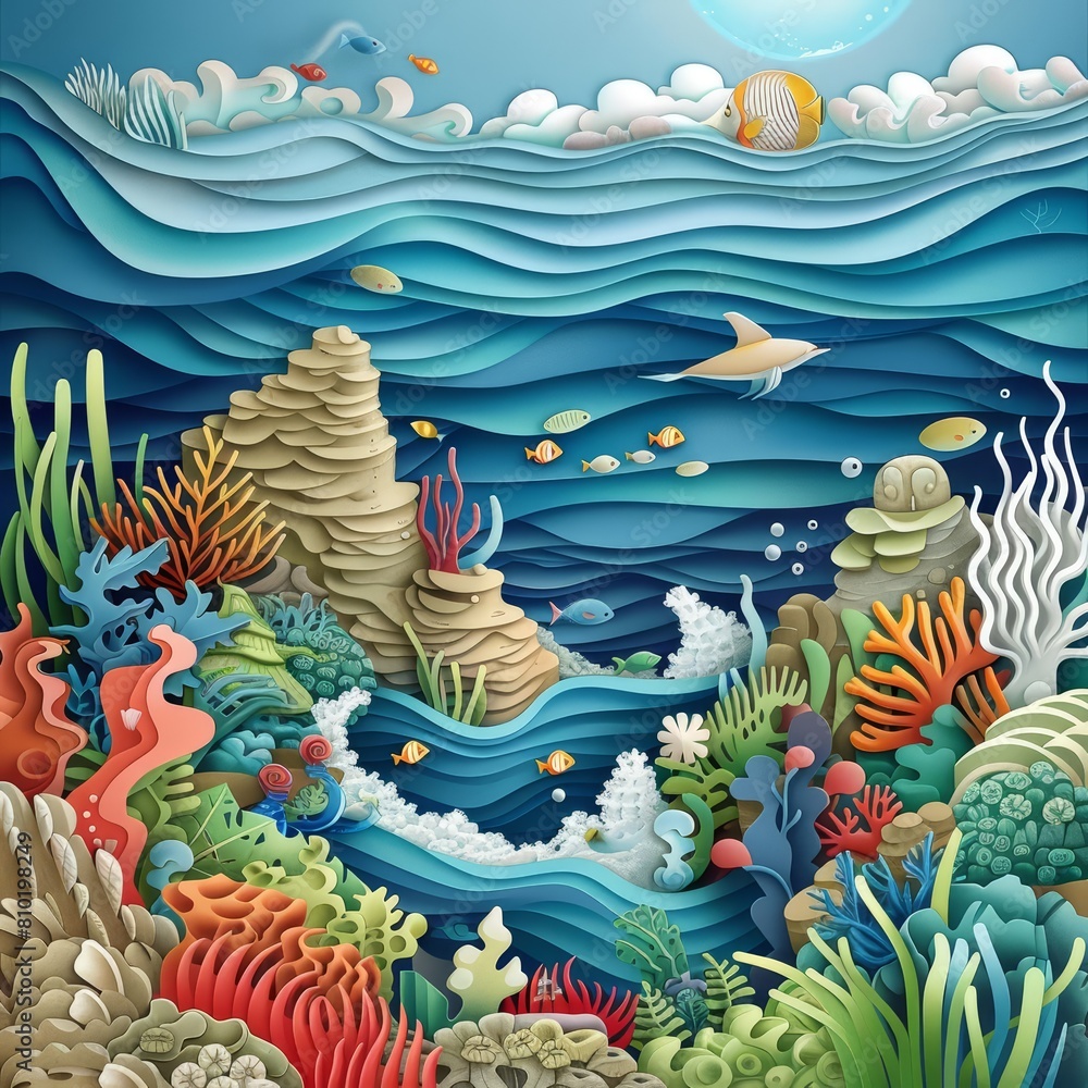 An illustration of landscape fantasy at the Continental Shelf, where marine life flourishes in a paper art style, sharpen landscape An illustration of landscape fantasy at the Continental Shelf, where marine life flourishes in a paper art style, sharpen landscape