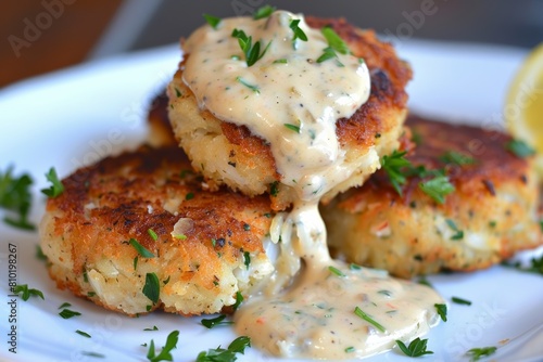 Plate of Crab Cakes With Drizzled Sauce