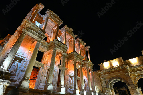 Celcius library in Ephesus ancient city at night, the popular tourist destination of Turkey.