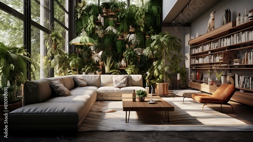 Design an urban oasis living room with indoor greenery and natural elements