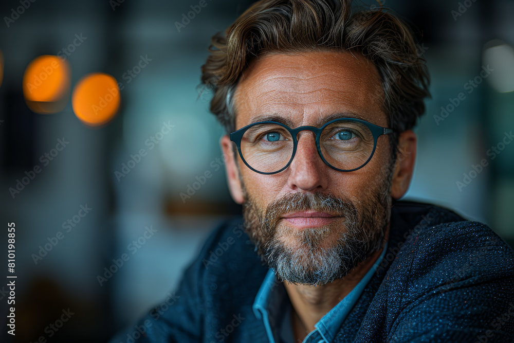 Fototapeta premium A headshot showcasing the intelligence and analytical skills of a savvy entrepreneur. Concept of strategic decision-making in business. Generative Ai.