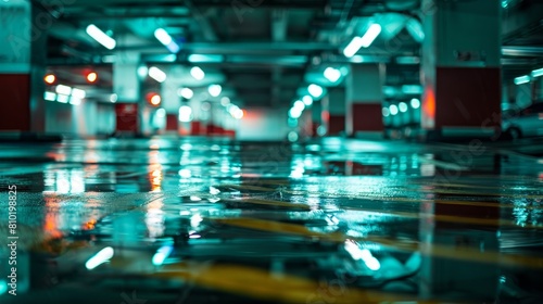 A vast, empty underground parking garage with marked spaces and subdued lighting, conveying a sense of urban solitude.