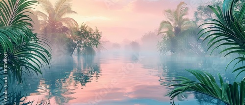 Creative amazing view of Oasis, where water is a mirror to the sky, shown in classic styles color, banner sharpen with copy space
