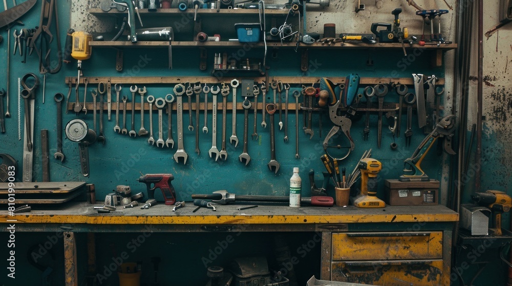 An interior view of a well-used workshop with various old tools neatly arranged on the wall.
An interior view of a well-used workshop with various old tools neatly arranged on the wall.